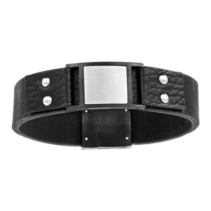 Bracelet en cuir noir avec élément noir orné d\'une plaque carrée grise au milieu et fermoir aimanté - longueur 21cm - Vue 1