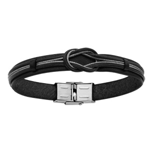 Bracelet en cuir noir avec petit cble en acier formant un noeud - longueur 20cm - Vue 1