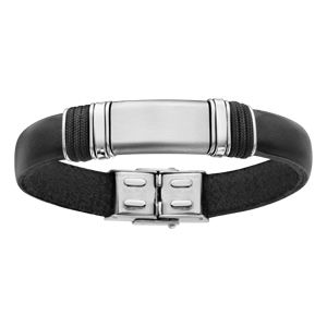 Bracelet en cuir noir avec petite plaque en acier lisse  graver - longueur 20cm - Vue 1