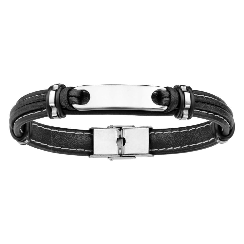 Bracelet en cuir noir avec plaque allong�e en acier - longueur 21cm r�glable - Vue 1