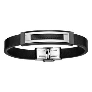 Bracelet en cuir noir avec plaque en PVD et cbles noir au milieu - longueur 20,5cm rglable - Vue 1