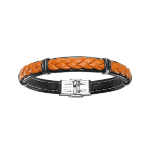 Bracelet en cuir noir avec tresse en cuir orange et lments en acier - longueur 20cm rglable - Vue 1