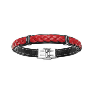 Bracelet en cuir noir avec tresse en cuir rouge et lments en acier - longueur 20cm rglable - Vue 1