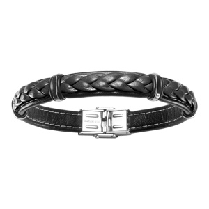 Bracelet en cuir noir avec tresse et lments en acier - longueur 20cm rglable - Vue 1