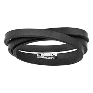 Bracelet en cuir noir 1 brin plat qui fait plusieurs tours - longueur 58,50cm - Vue 1