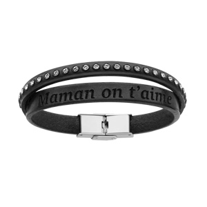 Bracelet en cuir noir et acier 2 tours 1 orné de strass et l\'autre avec message caché \