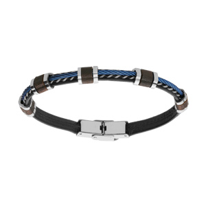 Bracelet en cuir noir et cble bleu avec motif bois de chene fermoir acier - Vue 1