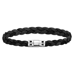 Bracelet en cuir noir fonc finement tress et acier - longueur 18,5cm - Vue 1