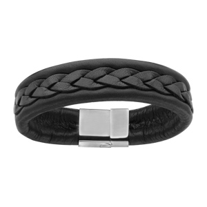 Bracelet en cuir noir large avec tress au dessus et fermoir en acier - longueur 21,5cm - Vue 1