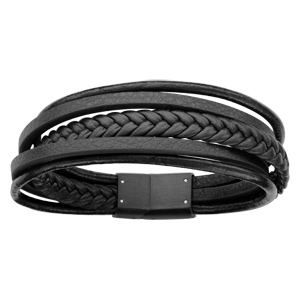 Bracelet en cuir noir plusieurs fils dont 1 tress, 2 ronds et 2 plats et acier - longueur 20cm - Vue 1