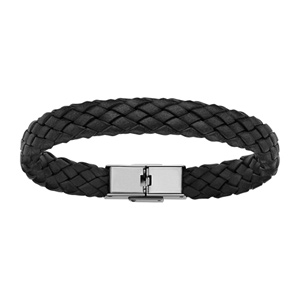Bracelet en cuir noir tressage large - longueur 20,5cm rglable - Vue 1