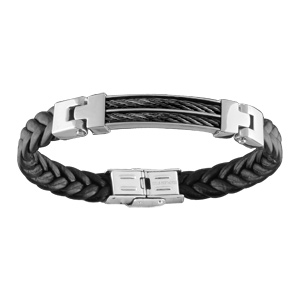 Bracelet en cuir noir tress avec lment en acier orn de 2 cbles noirs au milieu - longueur 21cm rglable - Vue 1