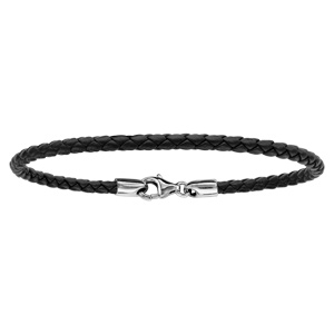 Bracelet en cuir noir tress pour charms et fermoir en argent rhodi - longueur 19,5cm - Vue 1