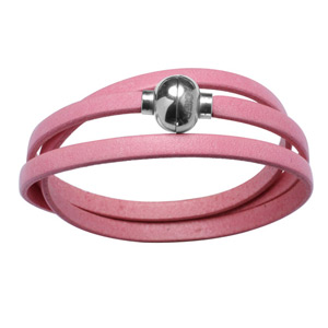 Bracelet en cuir rose lacet enroulé et fermoir boule acier aimantée - Vue 1
