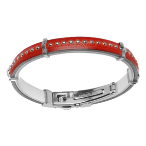 Bracelet en cuir rouge avec boules et fermoir acier - Vue 1