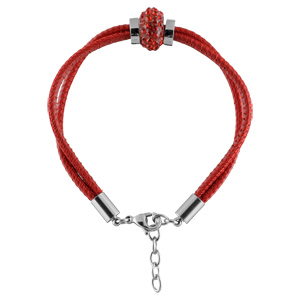 Bracelet en cuir rouge coulissant avec boule de strass rouges - Vue 1