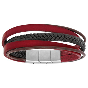 Bracelet en cuir rouge et marron rglable avec double fermoir - Vue 1