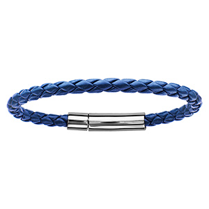 Bracelet en cuir tress� bleu avec fermoir en acier - longueur 19cm