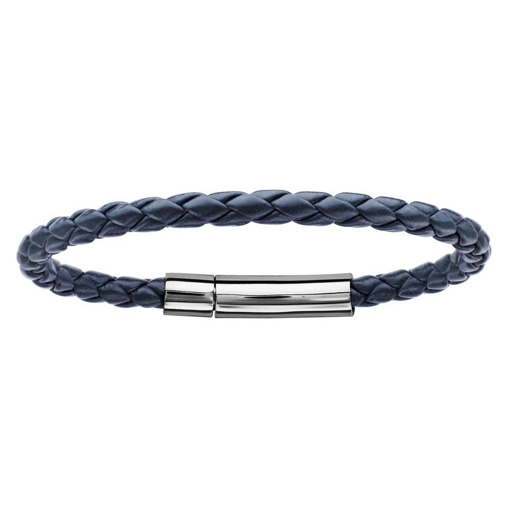 Bracelet en cuir tress� bleu marine avec fermoir en acier - longueur 19cm - Vue 1