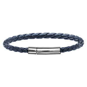 Bracelet en cuir tress bleu marine avec fermoir en acier - longueur 19cm - Vue 1