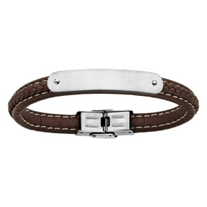Bracelet en cuir tress marron avec plaque arrondie en acier - longueur 21cm - Vue 1