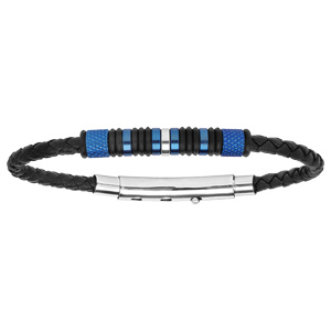 Bracelet en cuir tress noir avec lments en acier et PVD bleu rglable - Vue 1