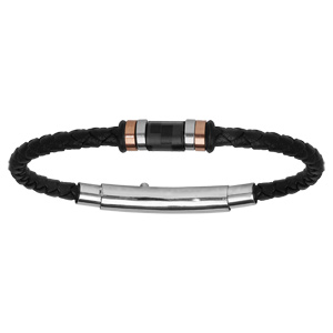 Bracelet en cuir tress noir avec lments en acier et PVD rose rglable - Vue 1