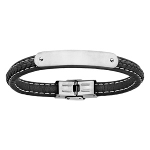 Bracelet en cuir tress noir avec plaque arrondie en acier - longueur 21cm - Vue 1