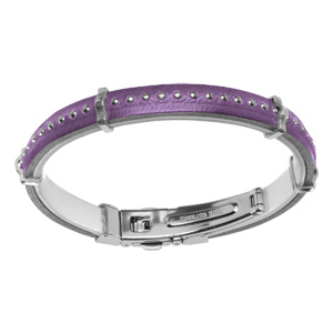Bracelet en cuir violet avec boules et fermoir acier - Vue 1