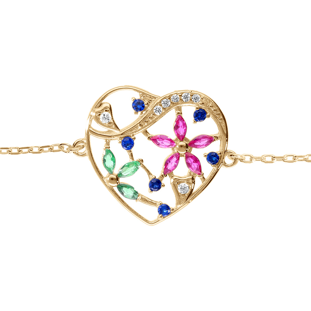 Bracelet en etvermeil coeur avec fleurs et oxydes multi couleurs - 16+3cm - Vue 1