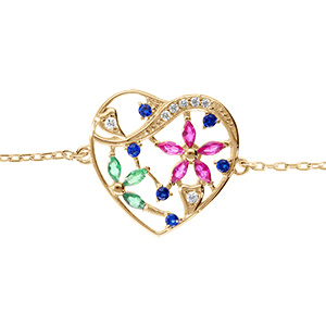 Bracelet en etvermeil coeur avec fleurs et oxydes multi couleurs - 16+3cm