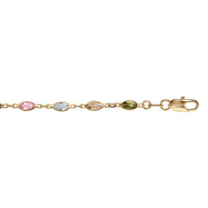 Bracelet en plaqu or alternance d\'oxydes en forme de navette de couleur verte, bleue, orange et rose - longueur 18cm - Vue 1