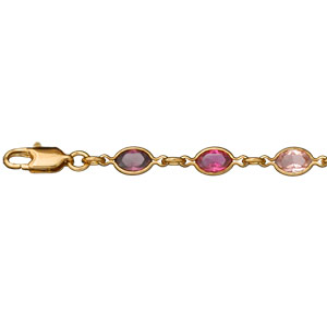 Bracelet en plaqu or alternance d\'oxydes roses et violets en forme de navette - longueur 16+3cm - Vue 1