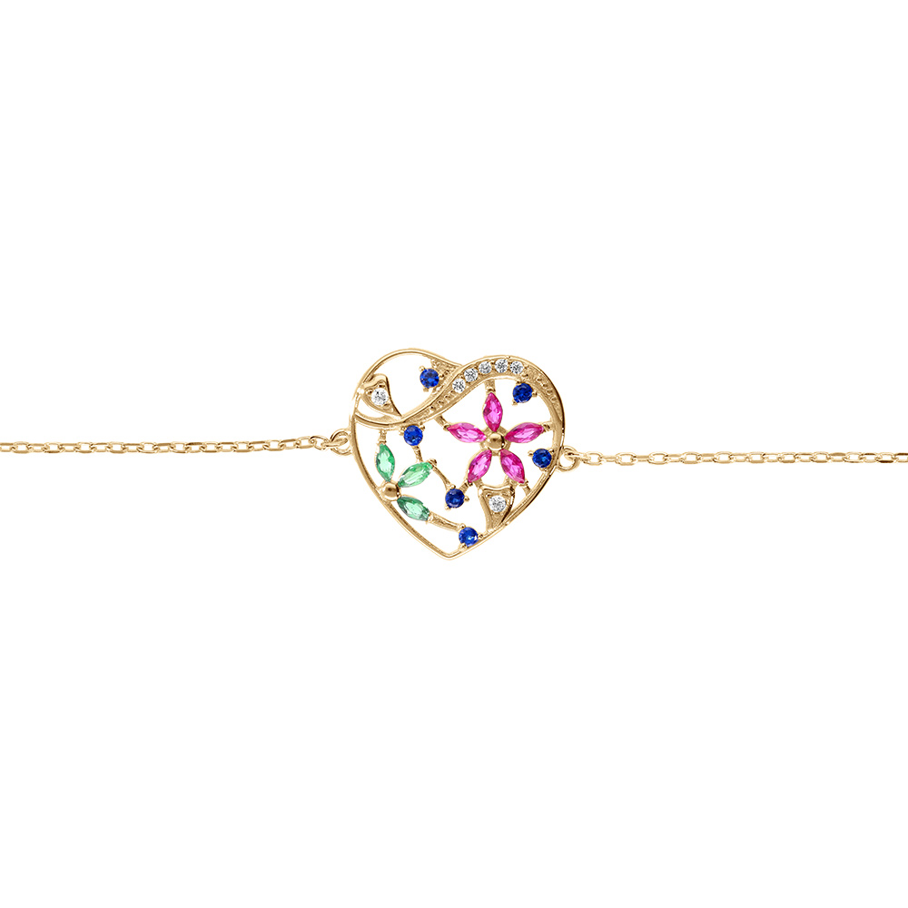 Bracelet en plaqu� or avec coeur orn�e de fleurs en oxydes multi couleurs - 16+3cm - Vue 1