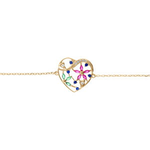 Bracelet en plaqu or avec coeur orne de fleurs en oxydes multi couleurs - 16+3cm - Vue 1