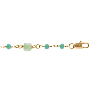 Bracelet en plaqu� or boules et carr� verts perle de verre - 16+3cm
