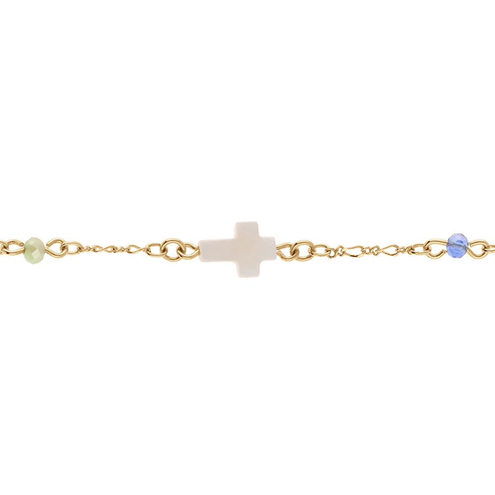 Bracelet en plaqu� or boules facet�es multi couleur et lisse avec croix blanche -16+3cm - Vue 1