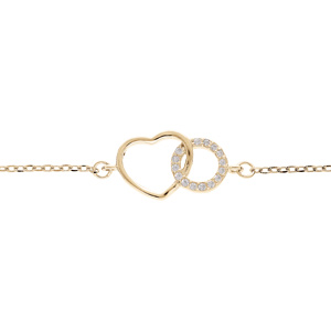 Bracelet en plaqu or chane avec anneau en oxydes blancs sertis entrelac avec coeur lisse 16+3cm - Vue 1