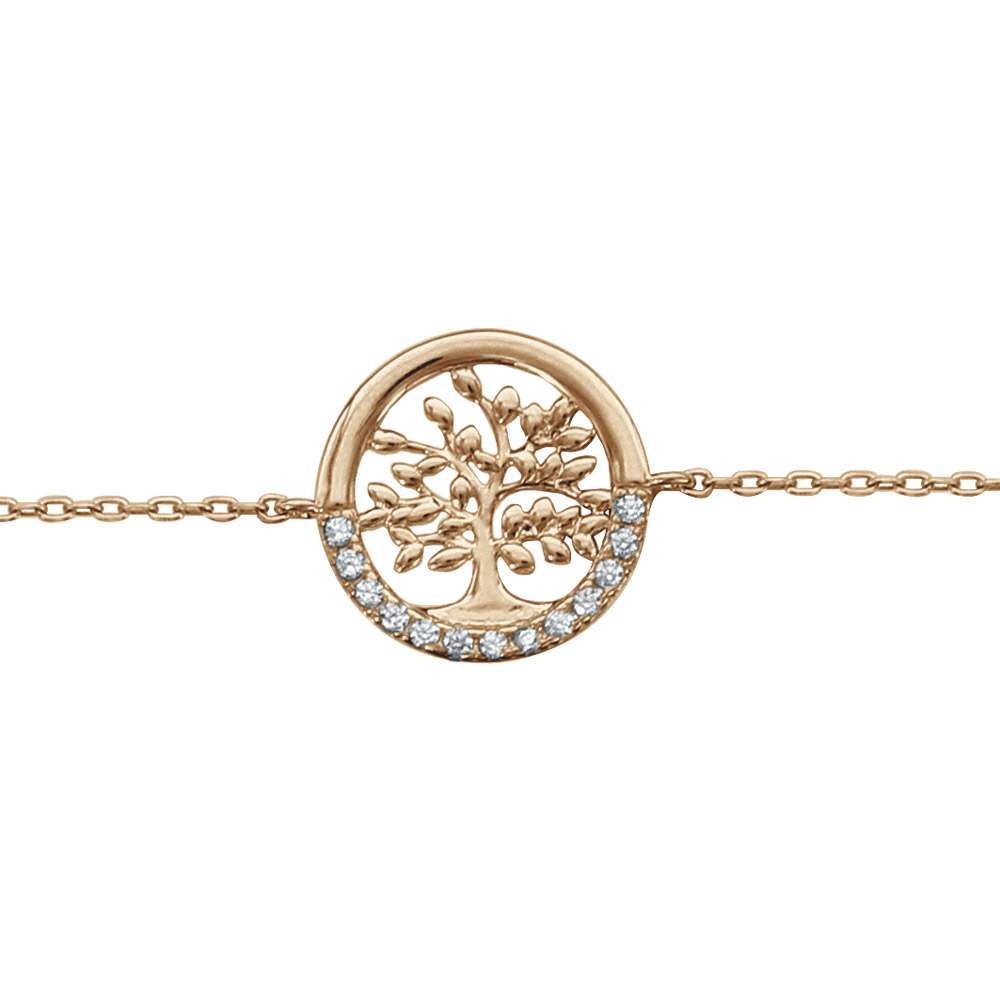 Bracelet en plaqu or chane avec arbre de vie cercl et oxydes blancs sertis - longueur 16+3cm - Vue 1