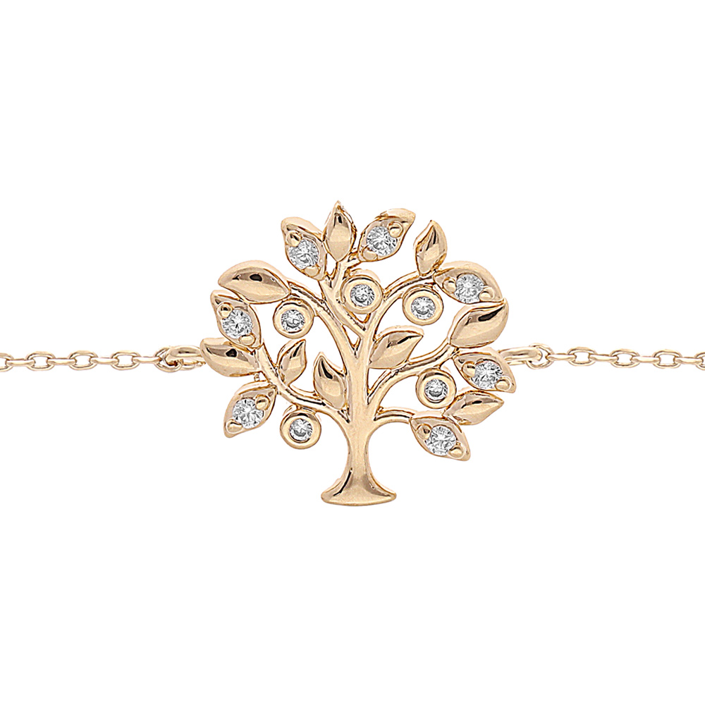 Bracelet en plaqu� or cha�ne avec arbre de vie d�coup� et oxydes blancs sertis 16+3cm - Vue 1