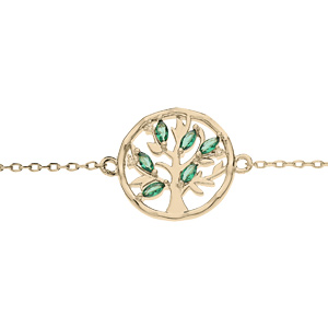 Bracelet en plaqu or chane avec arbre de vie et oxydes vert 16+3cm - Vue 1