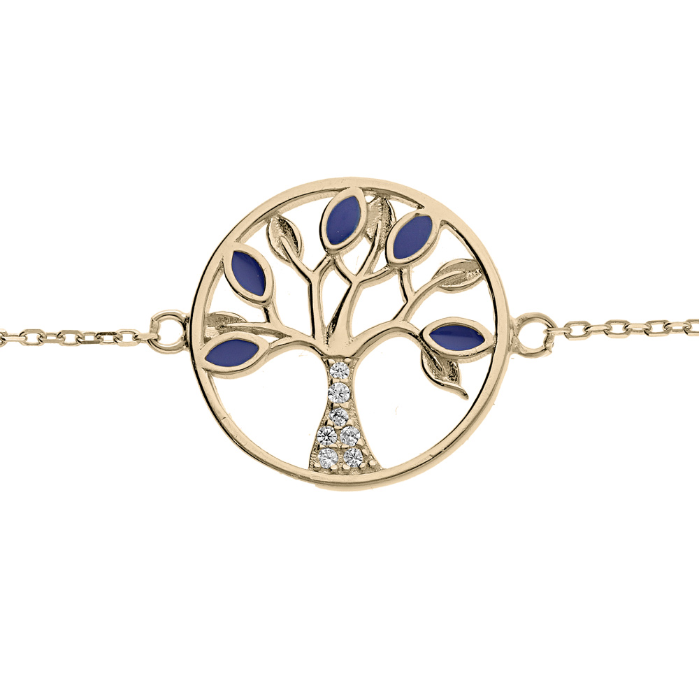 Bracelet en plaqu� or cha�ne avec arbre de vie oxydes bleus et blancs sertis 16+3cm - Vue 1