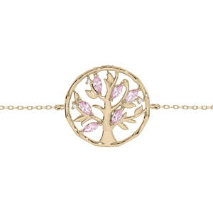 Bracelet en plaqu or chane avec arbre de vie oxydes roses 16+3cm - Vue 1
