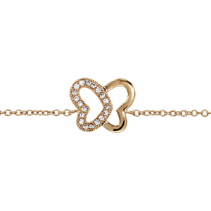 Bracelet en plaqué or chaîne avec au milieu 1 papillon ajouré avec 1 moitié lisse et l\'autre ornée d\'oxydes blancs sertis - longueur 16cm + 2cm de rallonge - Vue 1