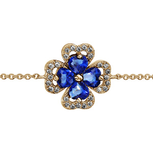 Bracelet en plaqu or chane avec au milieu trfle  4 feuilles en oxydes bleus avec contours en oxydes blancs sertis - longueur 16cm + 2cm de rallonge - Vue 1