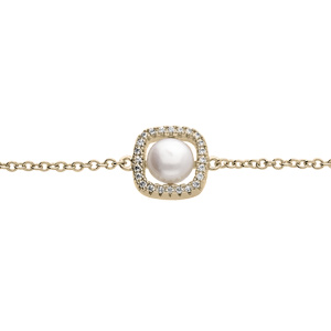 Bracelet en plaqu or chane avec carr oxydes blancs avec Perle de culture d\'eau douce blanche 16+3cm - Vue 1