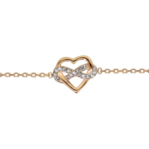 Bracelet en plaqu or chane avec coeur ml avec symbole infini oxydes blancs sertis 16cm + 2cm - Vue 1