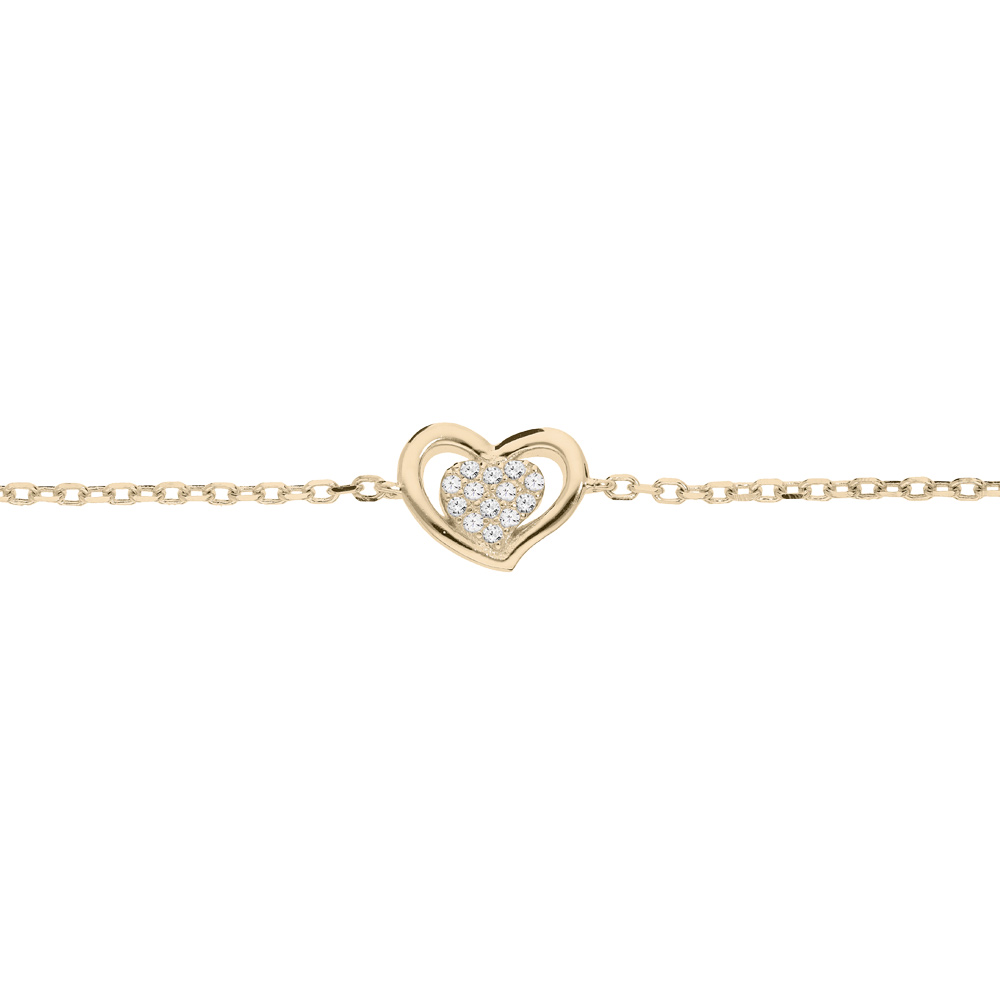 Bracelet en plaqu or chane avec coeur oxydes blancs sertis 16+3cm - Vue 1
