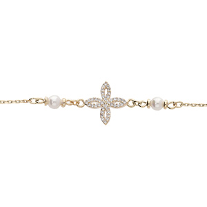 Bracelet en plaqu or chane avec fleur oxydes blancs sertis et perles blanches de synthse 19+3cm - Vue 1