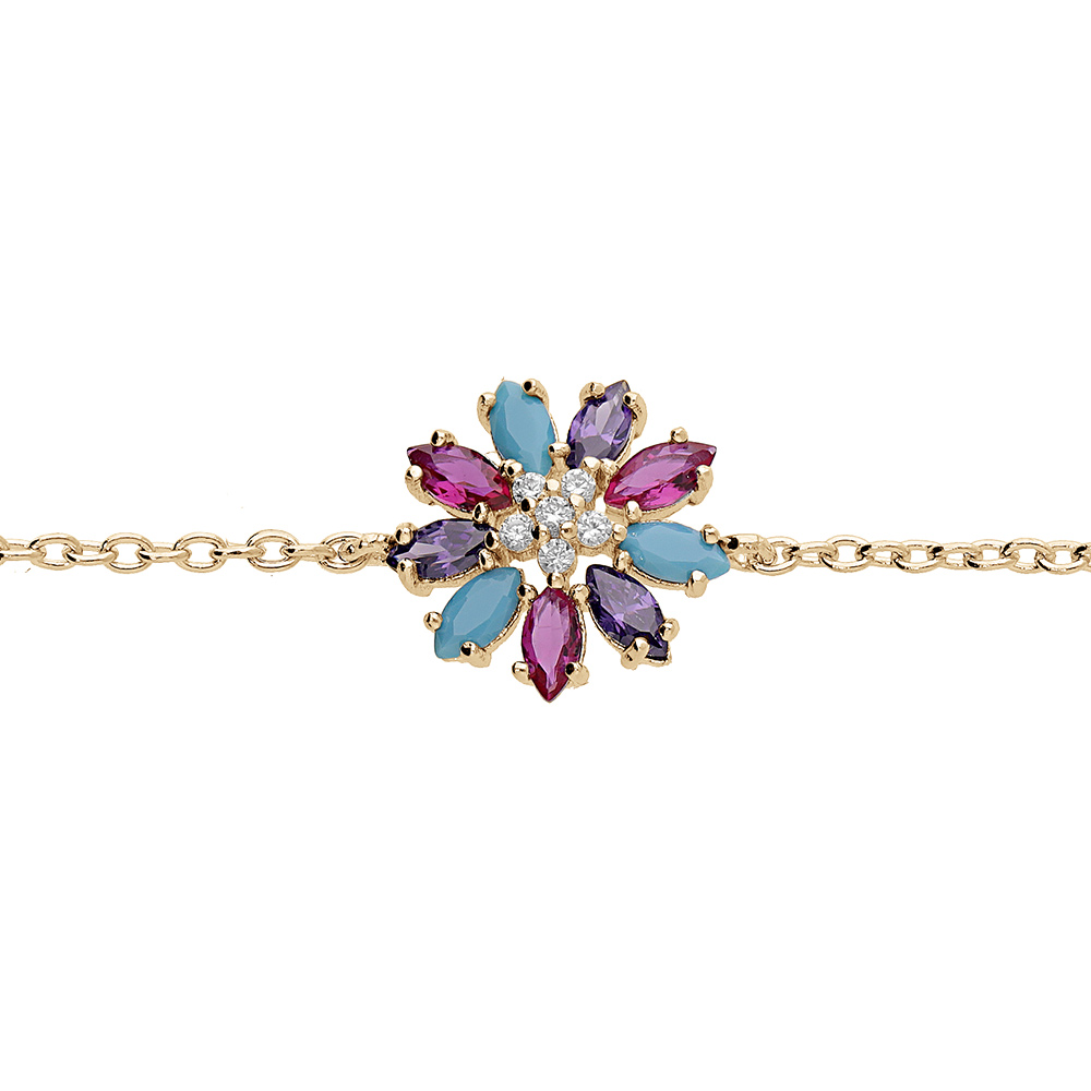 Bracelet en plaqu� or cha�ne avec fleur oxydes multi couleurs 16+2cm - Vue 1
